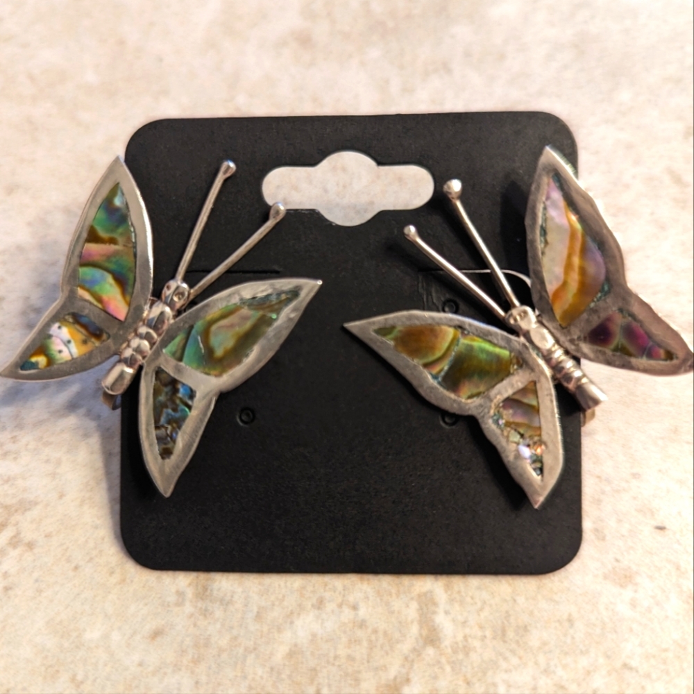 Vintage Taxco 925 Silver & Abalone Inlay Butterfly Earrings Screw Back
